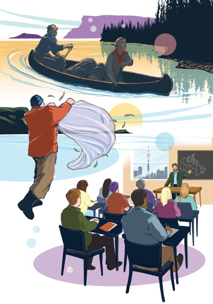 A person paddling a canoe, another throwing a fishing net, and a classroom scene with a teacher presenting a map of Canada to attentive students are depicted.